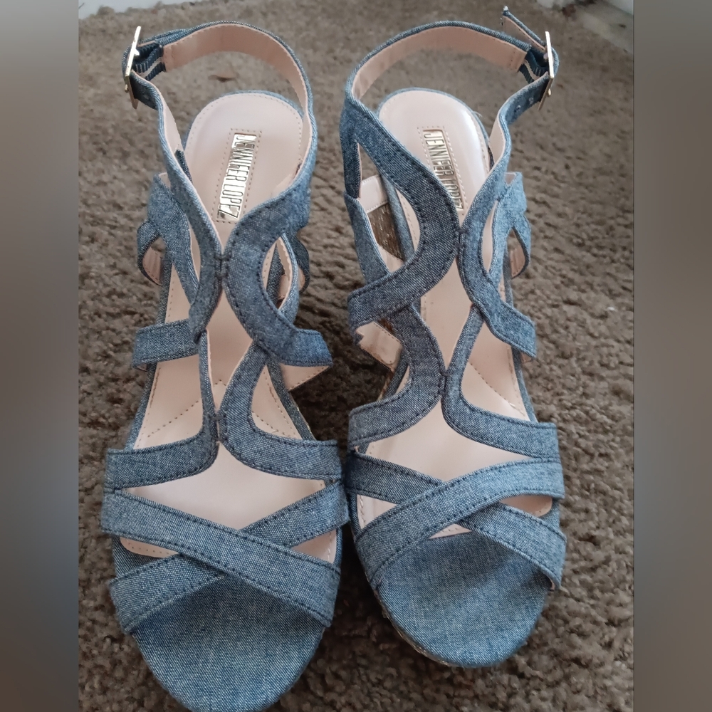 JLo Denim Wedge Sandals EUC - Picture 2 of 8